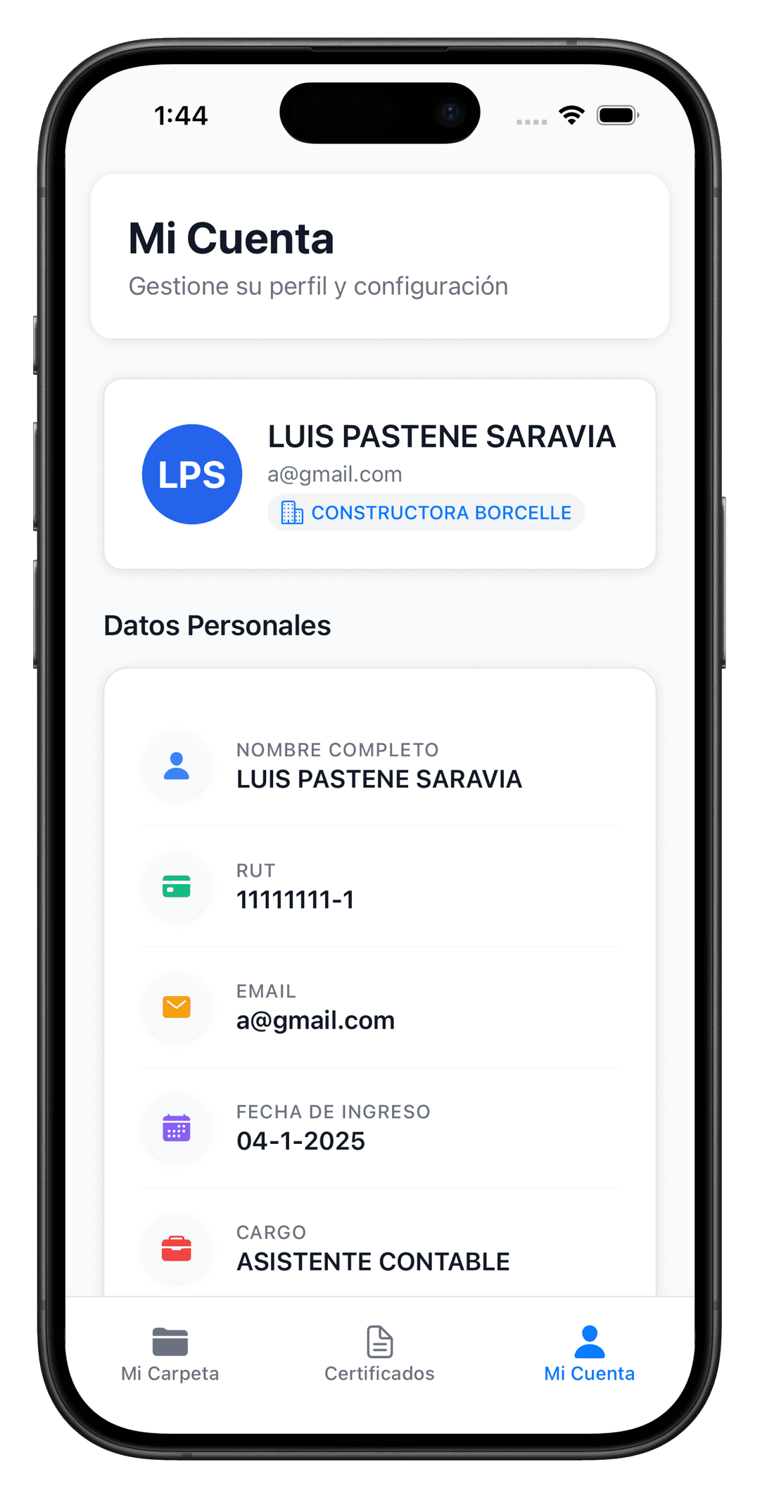 Nowxia RRHH App - Pantalla de Mi Carpeta